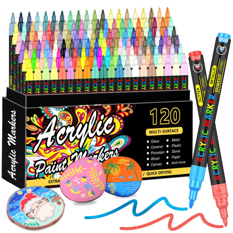 XPaoFey 120 Colors Acrylic Paint Pens, Acrylic Paint Markers, 0.7mm Extra Fine Tip Paint Pens for Rock Painting, Canvas, Wood, Stone, Ceramic, Glass, Fabric, DIY Crafts Making Art Supplies XPaoFey