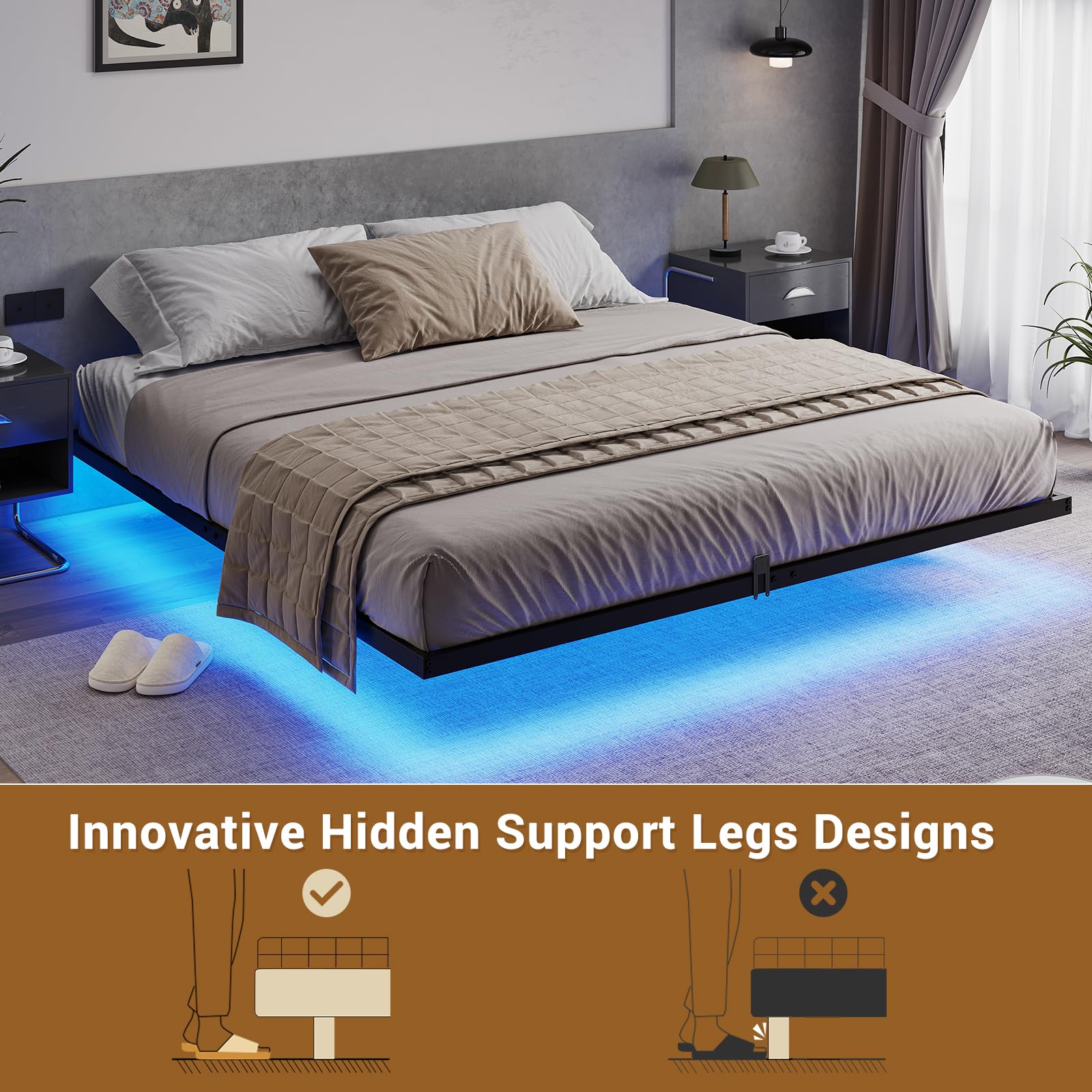 Hasuit King Size Floating Bed Frame with LED Lights - Modern Metal Platform Design, No Box Spring Required, Easy Assembly - WoodArtSupply