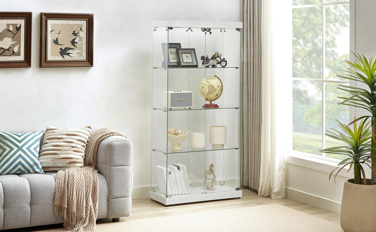 Yoluckea Glass Cabinet with Light, 4 Shelves Glass Display Cabinet w/2 Doors, Floor Standing Clear Glass Curio Cabinet Collection Display Cabinet for Living Room Bedroom 66.3” x 31.5” x 14.2” White Yoluckea
