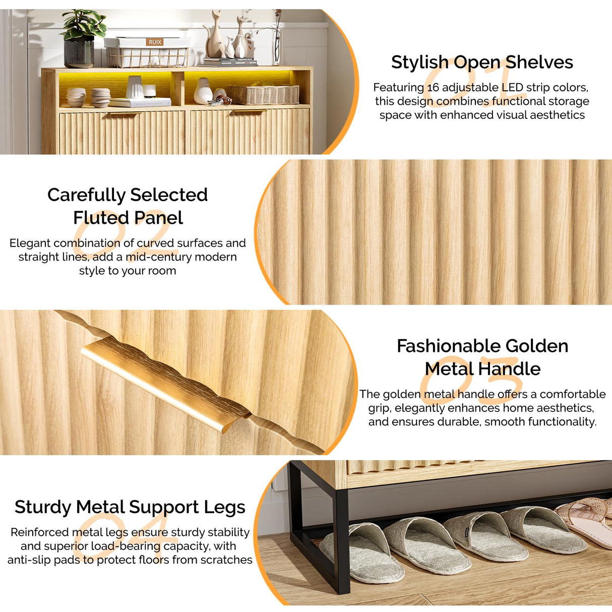 VINGLI Fluted Shoe Cabinet Storage for Entryway,Hidden Shoes Storage Cabinet with 4 Flip Drawers, Mid Century Modern Shoe Rack with LED Light,Shoes Organizer with Cubby for Hallway(Natural Oak) VINGLI