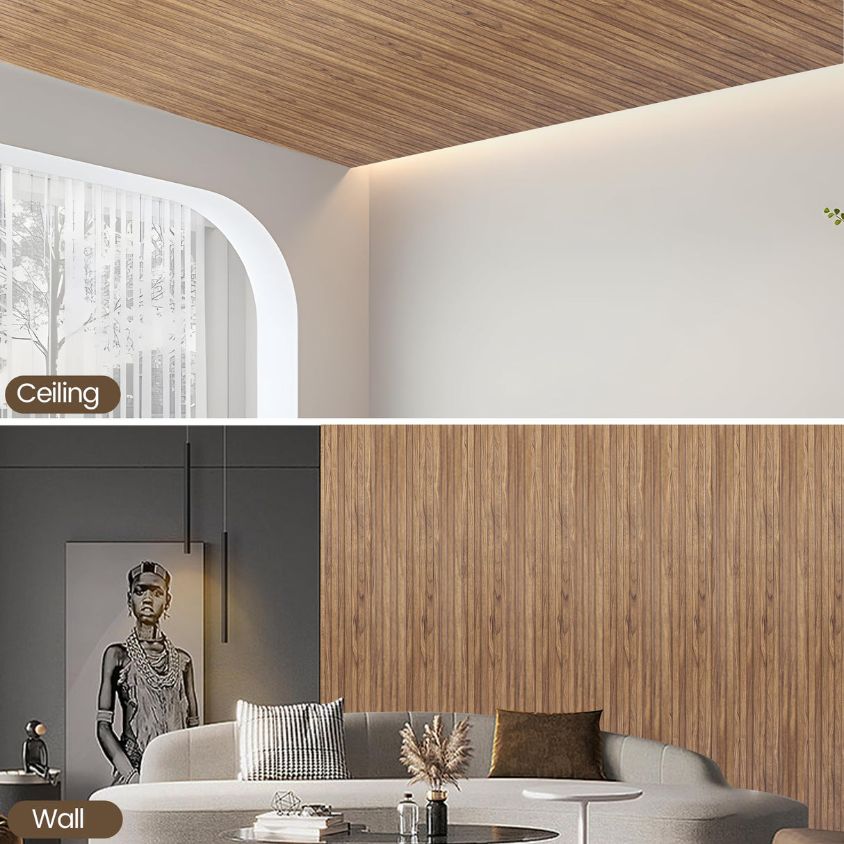 KASARO PS 3D Faux Wood Wall Panels, 16 Pieces Wainscoting Slat Panel for Interior Wall and Ceiling Decor, 47.2 x 4.8 inch Fluted Accents for Living Room, Bedroom, Natural KASARO