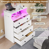 Hasuit White Dresser with Charging Station, LED Dresser with 4 Large Drawers, Chest of Drawers with Open Space, Large Capacity Tall Storage Cabinet, White Dresser for Bedroom Hasuit