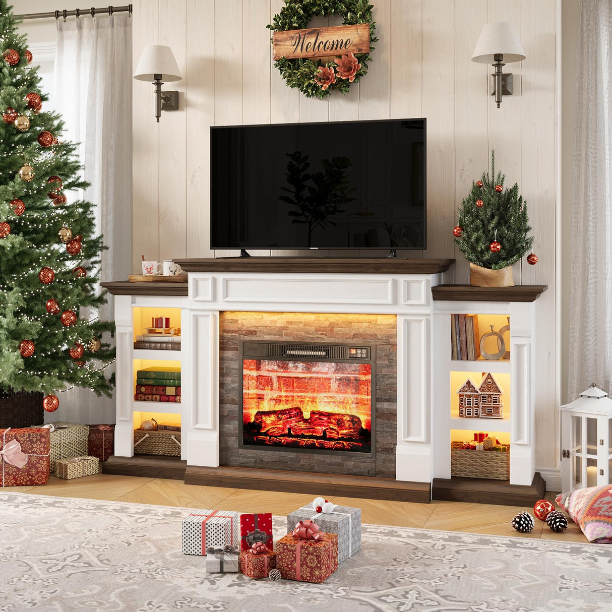 70" Electric Fireplace with Mantel, LED Fireplace TV Stand for TVs Up to 80 Inch, Farmhouse Entertainment Center with Storage, Realistic Stacked Stone Surround with Remote Control for Living Room LGHM