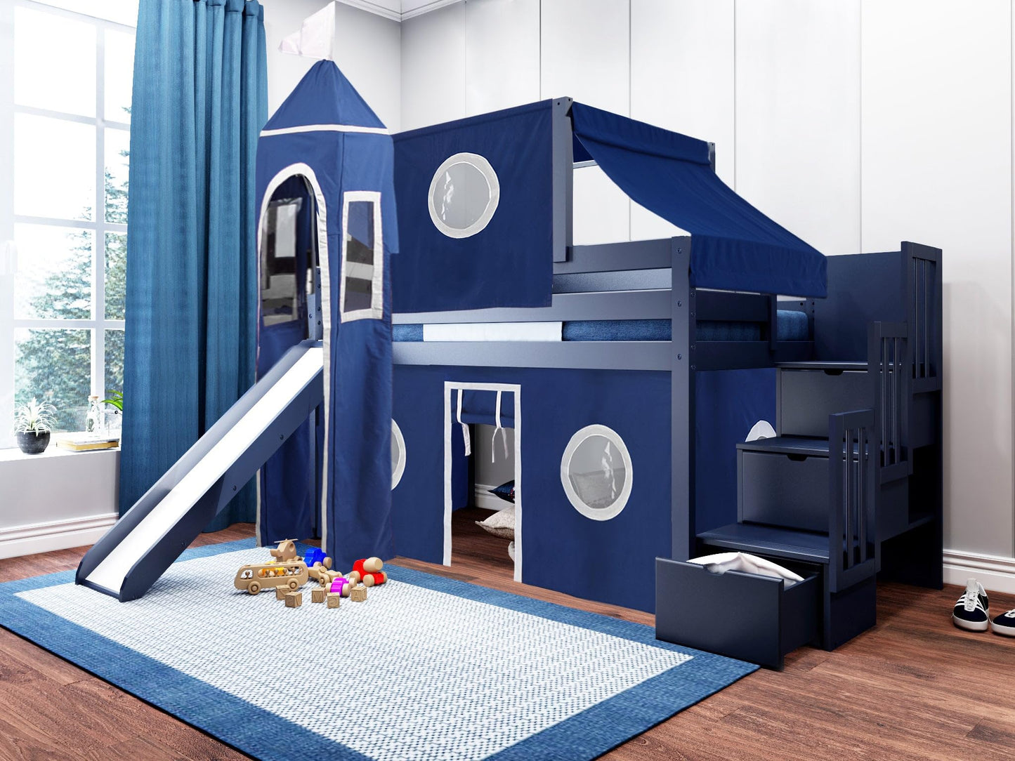 JACKPOT! Castle Stairway Low Loft Bed with 3 Drawers, Slide, Blue and White Tent and Tower, Twin, Blue