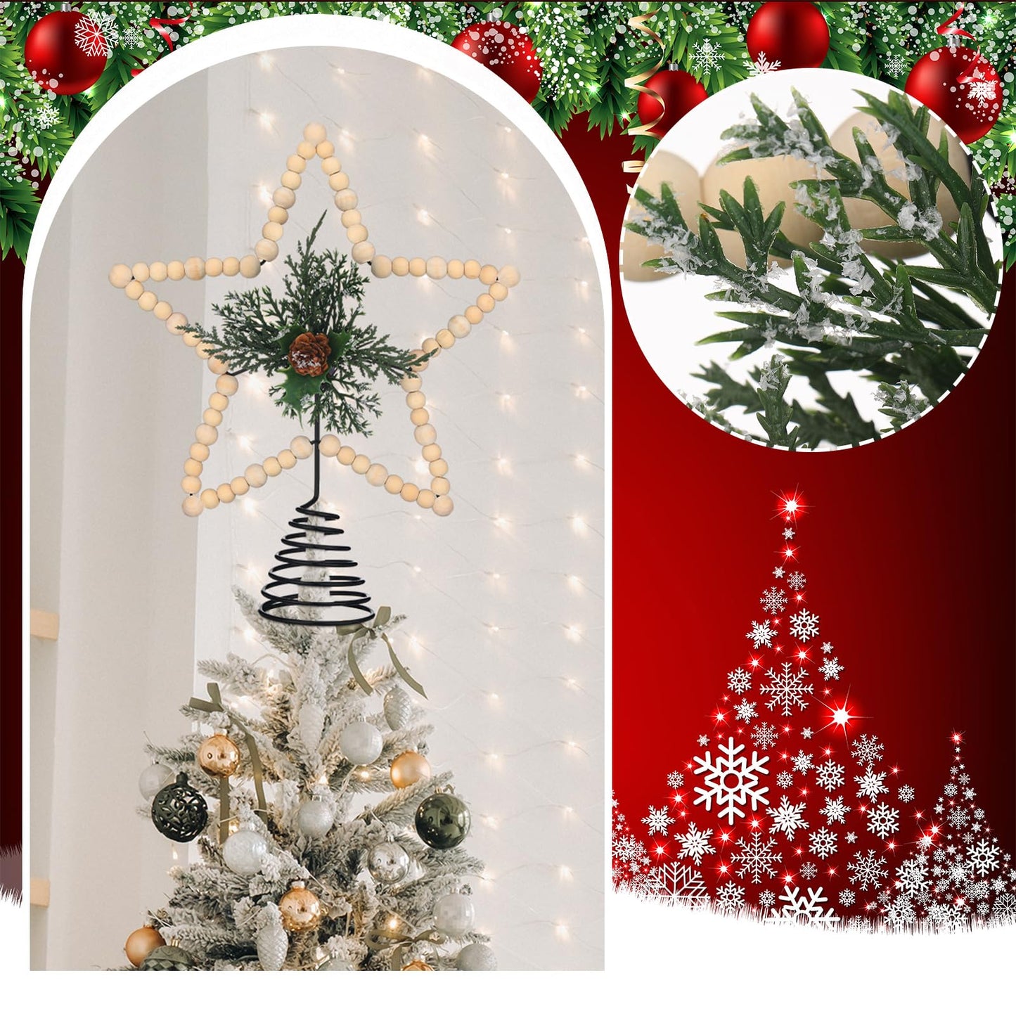 Gejoy Christmas Beaded Star Tree Topper Farmhouse Christmas Tree Topper Rustic Star Tree Topper with Berries Pinecones Neutral Christmas Star Tree Topper for Xmas Tree Decorations(Cone,Wooden)