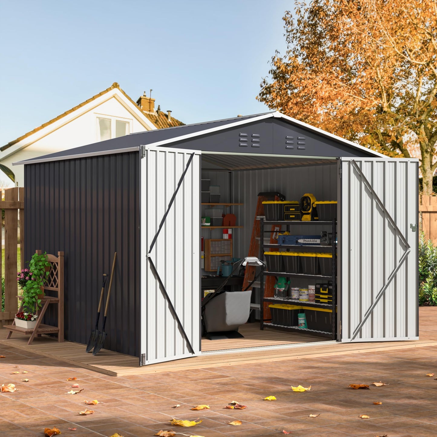 WKM 8x8 FT Outdoor Storage Shed, Utility Metal Tool Storage with Lockable Doors and Updated Frame Structure, Large Metal Garden Shed for Backyard, Patio Lawn, Black - WoodArtSupply