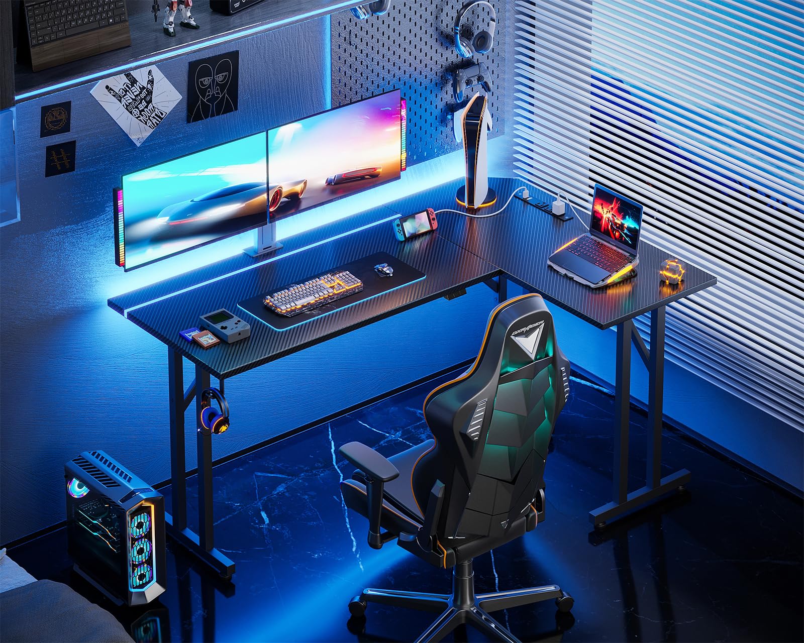 MOTPK L Shaped Gaming Desk with Led Lights, 51 Inch Gaming Computer Desk with Carbon Fiber Texture, Pc Gaming Table with Power Outlet and Headphone Hook, L Desk for Gaming, Black - WoodArtSupply