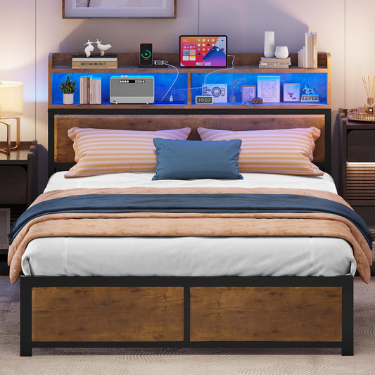 YITAHOME Vintage Brown King Size LED Bed Frame with USB Ports, Charging Outlets and Storage Shelves - WoodArtSupply