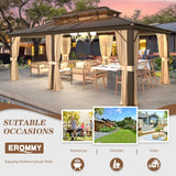 EROMMY 12' x 20' Gazebo Polycarbonate Double Roof Canopy with Aluminum Frame, Outdoor Permanent Metal Pavilion with Netting and Curtains for Garden Patio Lawns EROMMY