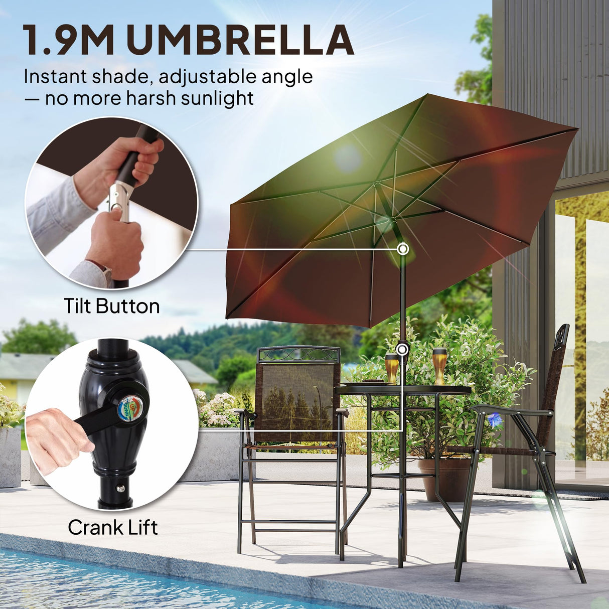 Outsunny 4 Piece Outdoor Bar Set with Umbrella, Patio Dining Set with 2 Folding Chairs, Wave Textured Tempered Glass Table for Backyard, Garden, Deck, Poolside, Brown Outsunny