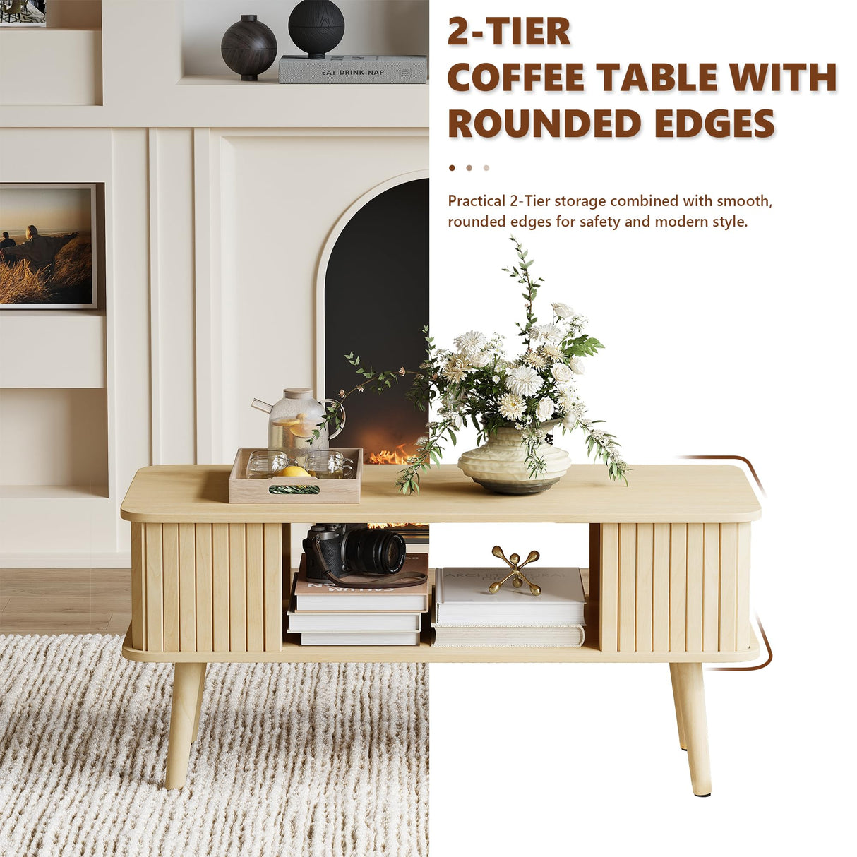 LAZZO Coffee Table with Storage Center Table for Living Room Rectangle Coffee Table with Rounded Edges,Easy Assembly, Natural Wood LAZZO