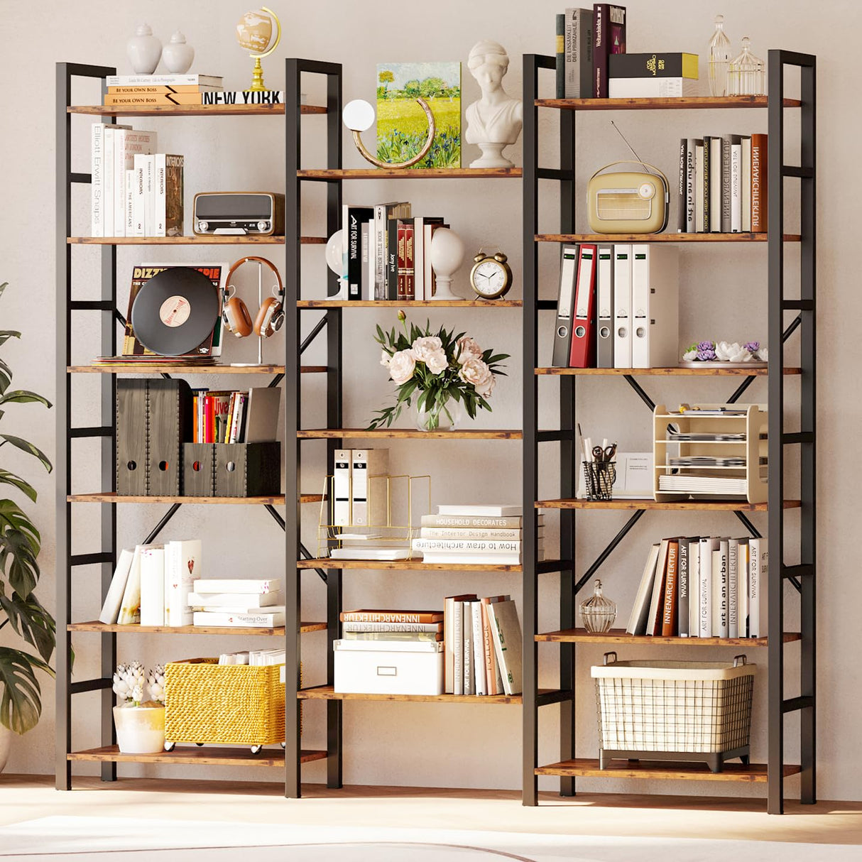 IRONCK Bookshelves 6 Tiers Triple Wide Industrial Bookshelf, Large Etagere Bookshelf Open Display Shelves with Metal Frame for Living Room Bedroom Home Office IRONCK