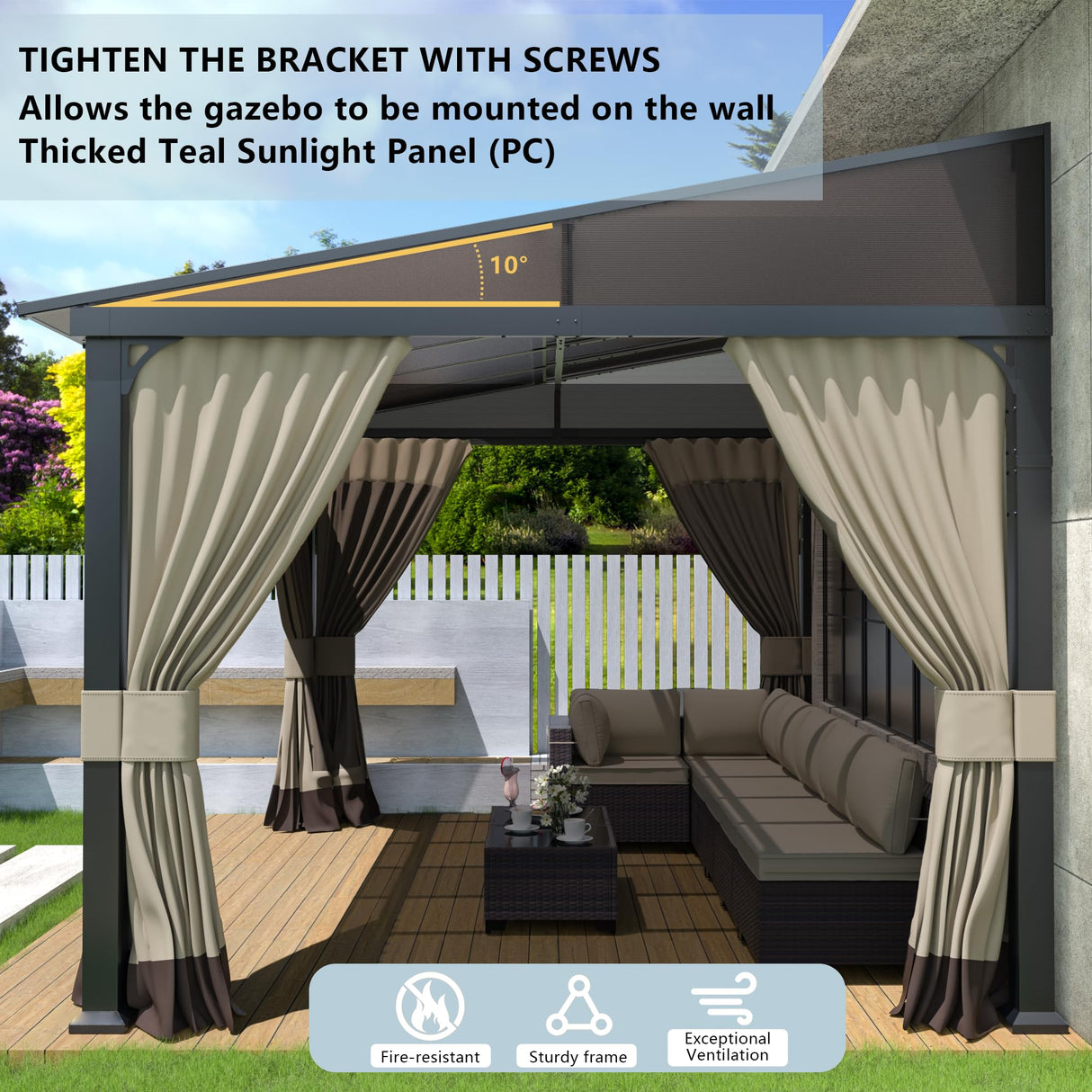 Kurapika 10’ x 14’ Gazebo, Wall Mount Gazebo Outdoor Pergola, Hardtop Lean to Gazebo Canopy Awnings with Sloped Roof and Sturdy Steel Frame, for Patio, Porch, Deck, Backyard(Grey) Kurapika