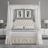 Keyluv Beige Upholstered Canopy Bed Frame with 2 Storage Drawers and Button Tufted Headboard Keyluv