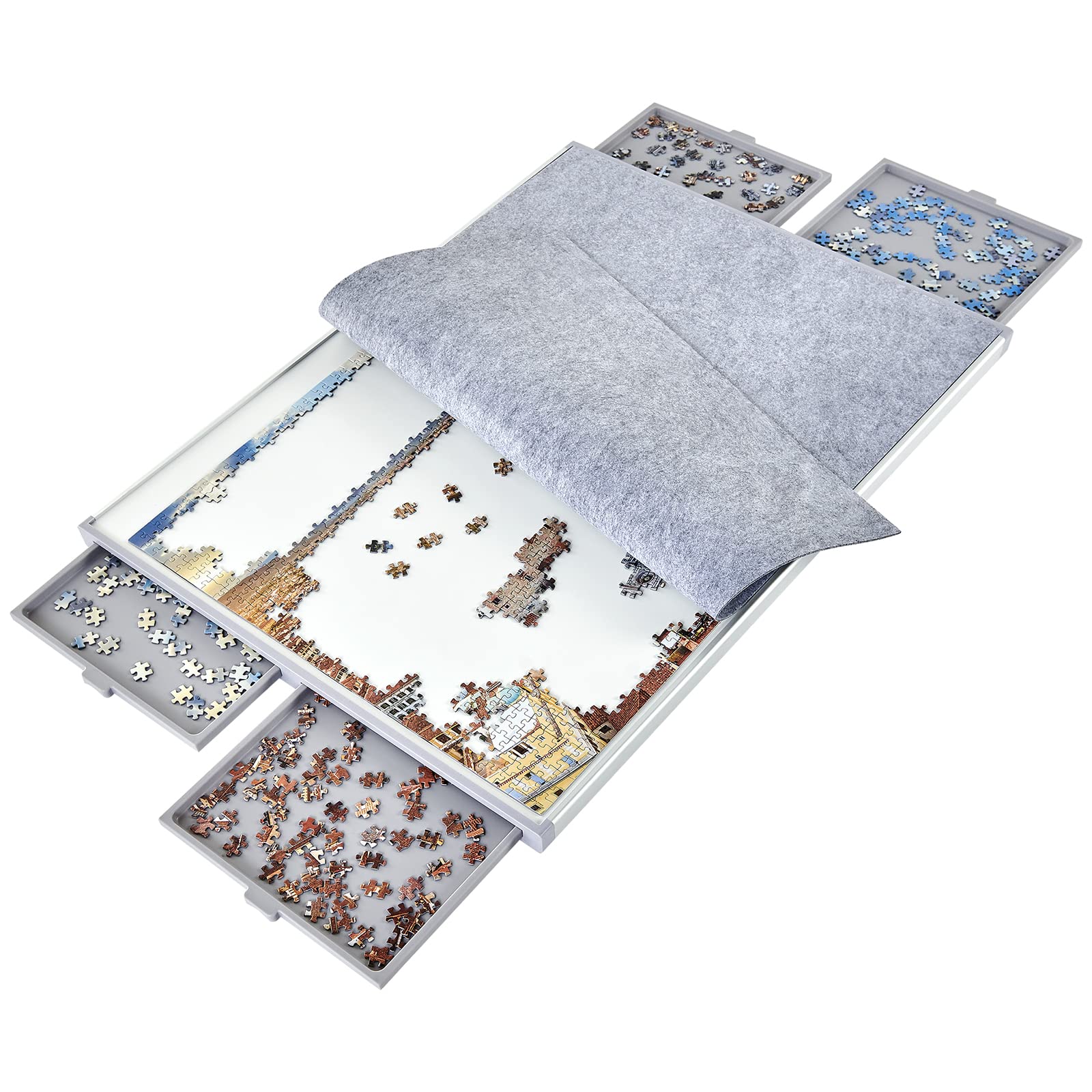 1500 Piece Non-Wood Jigsaw Puzzle Board with Drawers and Felt Fabric Cover Mat, Portable Puzzle Table for Adults, Puzzle Tray, Large Size: 35×26 Inch Work Surface, Lightweight Design, Gray - WoodArtSupply