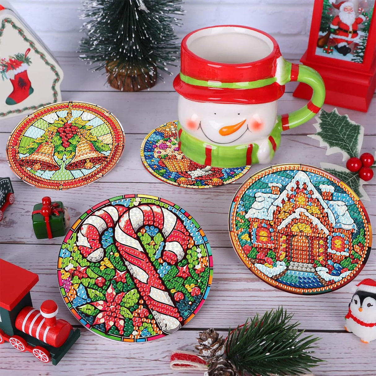 8 Pack Christmas Diamond Art Coasters Kit - Christmas Diamond Painting Coasters Kit Set with Holder Cork Pads, Diamond Art Kits for Adults Coaster, Gift for Handmade Lovers Non-Slip 3.9inch ajepon