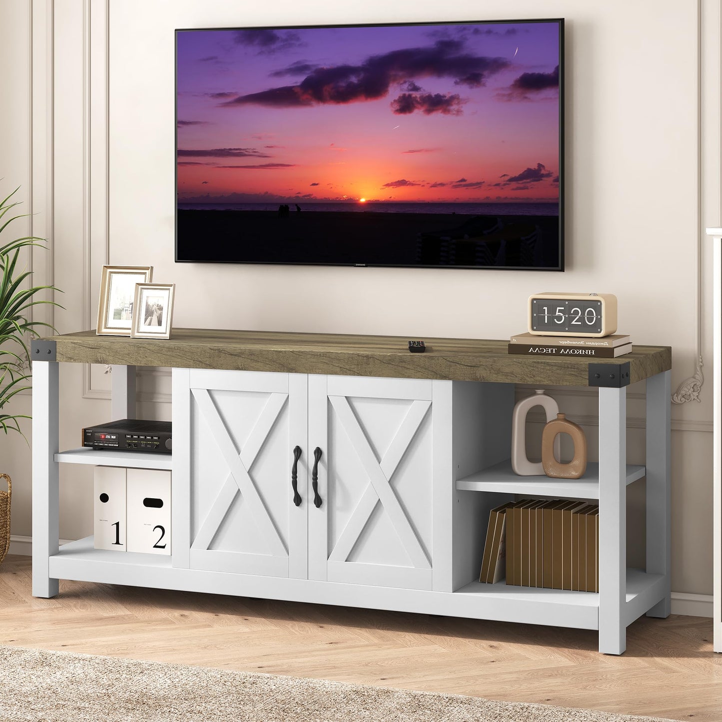 IDEALHOUSE Farmhouse TV Stand for 65/60/55 Inches, Mid Century Modern Entertainment Center with Storage Cabinets and Open Shelves, Wood TV Table Media Console for Living Room, Bedroom (White) - WoodArtSupply