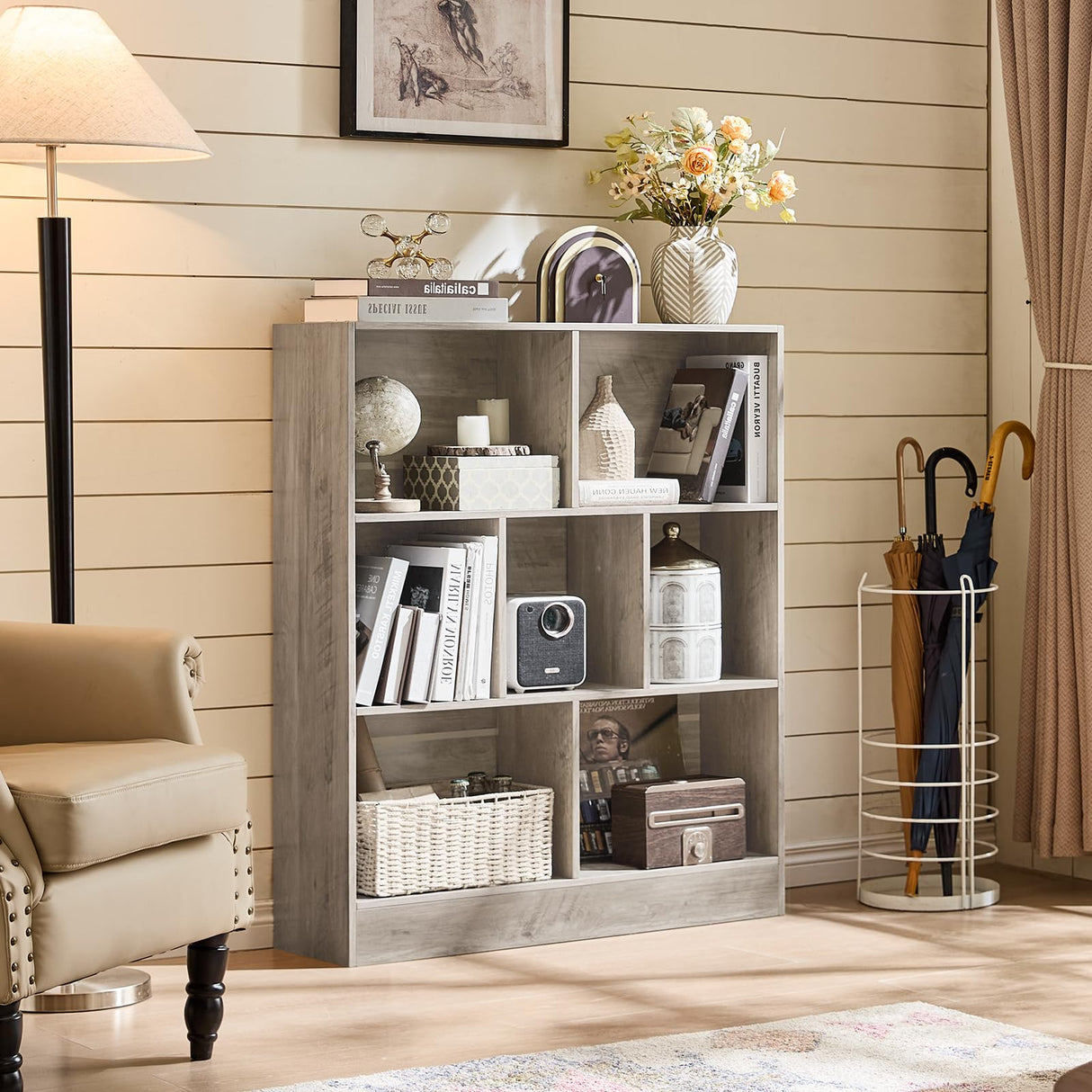 LEYAOYAO 7 Cube Bookshelf with Base,3 Tier Mid-Century Modern Grey Bookcase,Standing Wide Bookshelves Storage Organizer Shelf,Rustic Wood Display Cabinet Book Shelves for Bedroom,Living Room,Office LEYAOYAO