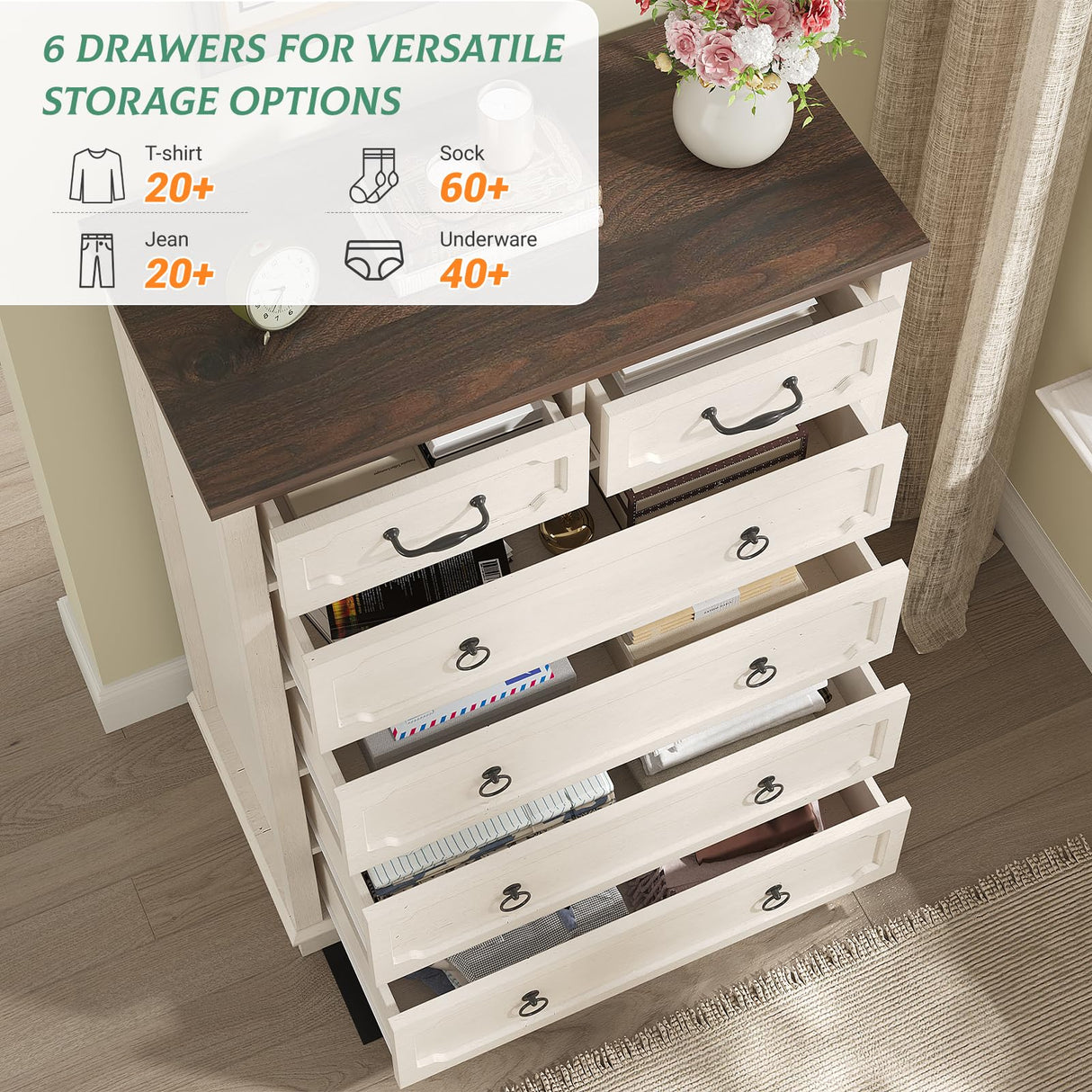 Maupvit 6 Drawer Dresser, 43" Tall Chest of Drawers for Bedroom, Farmhouse Dresser with Large Drawers & Metal Ring Pull Handles, Wood Dressers for Living Room, Hallway, Entryway, Antique White Maupvit