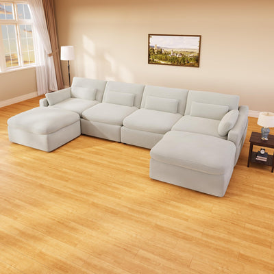 ISHUHL Cloud Modular Sectional Sofa, 124" Oversized Sectional Couches for Living Room, Convertible Deep Seat Sofa Set, Corduroy U Shaped Couch with 2 Ottoman (Beige)