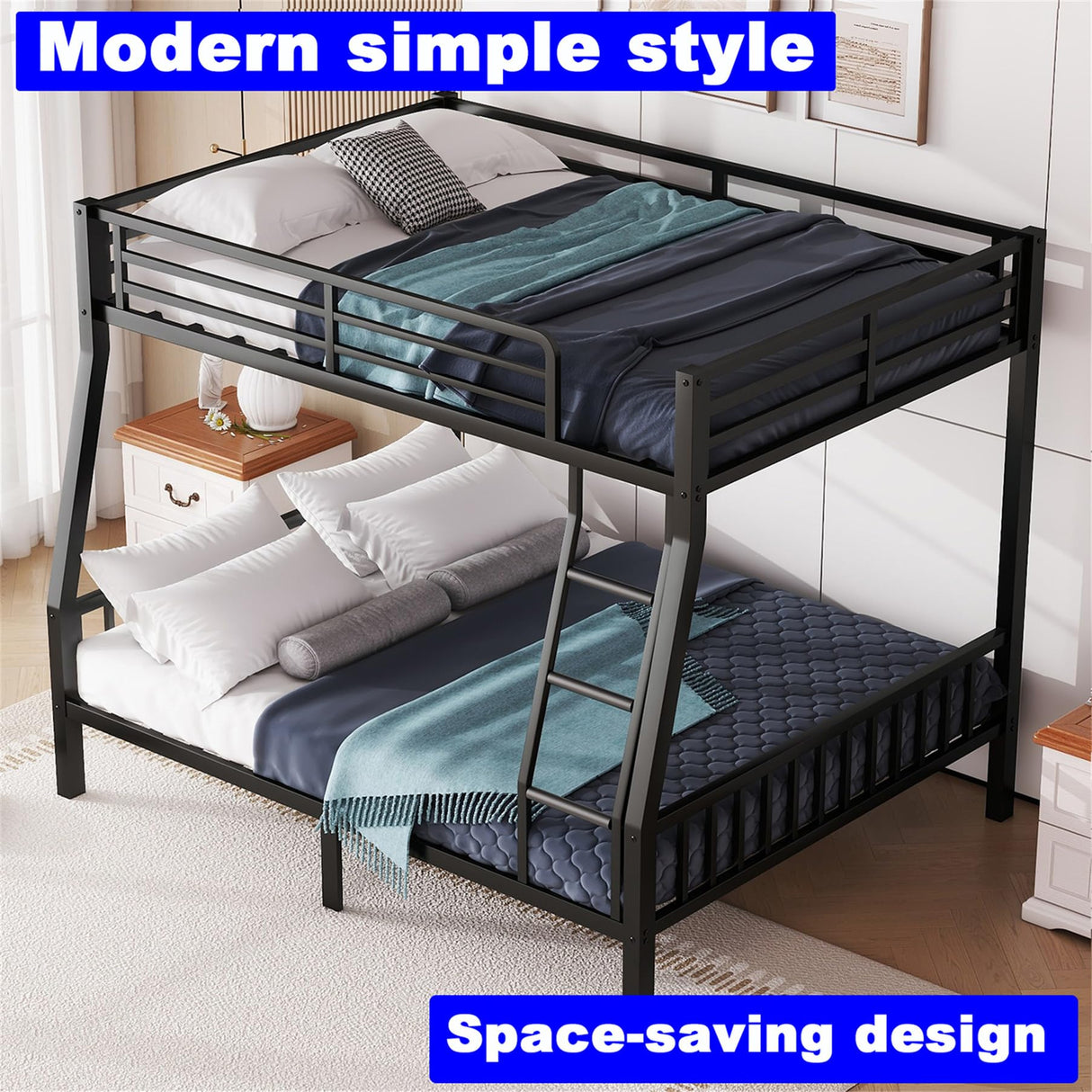 Kntyr Upgraded Version Thicken Metal Full XL Over Queen Bunk Bed, Stronger Heavy Duty Steel Bunk Bed Full Over Queen Size, Best Bunkbed Frame for Adults, Easy Assembly, Black (Full XL Over Queen) Kntyr