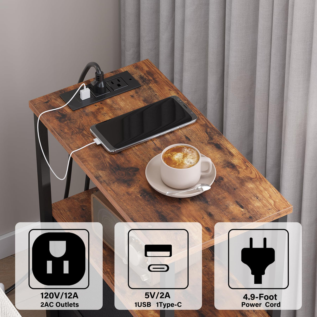 TUTOTAK Small Narrow LED End Table with Charging Station, Side Table Outlets, Nightstand with 2 Cloth Drawers, Set of 2, Couch Table, for Living Room, Bedroom, Bedside, Brown TB01BB056 TUTOTAK