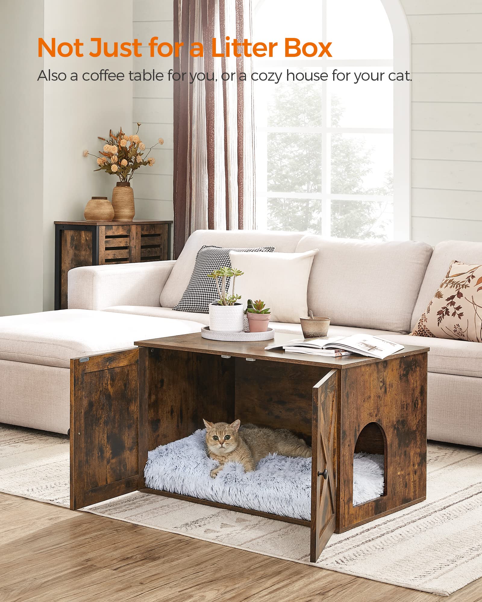 Feandrea Cat Litter Box Enclosure, Litter Box Furniture Hidden with Removable Divider, Indoor Cat House, End Table, 31.5 x 20.9 x 19.7 Inches, Rustic Brown UPCL002X01 - WoodArtSupply