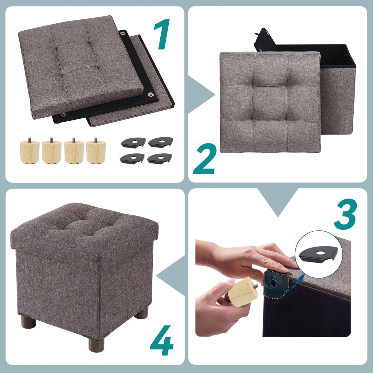 BRIAN & DANY Small Ottoman with Storage, Small Storage Ottoman, Folding Foot Stool with Wood Legs for Living Room and Bedroom Linen Rest Seat, 12.6"x12.6"x12.8" - Brown BRIAN & DANY