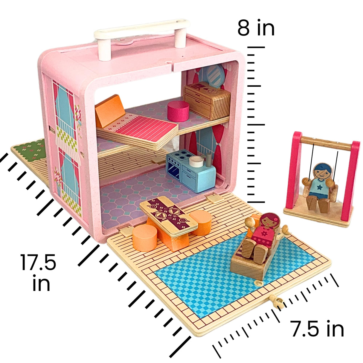 BR Play Wooden Dollhouse - Portable and Foldable Doll House with Little People Figurines & Dollhouse Accessories - Classic Preschool & Toddler Toy with Dollhouse Furniture & Pretend Swing Playset. BR Play