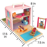BR Play Wooden Dollhouse - Portable and Foldable Doll House with Little People Figurines & Dollhouse Accessories - Classic Preschool & Toddler Toy with Dollhouse Furniture & Pretend Swing Playset. BR Play