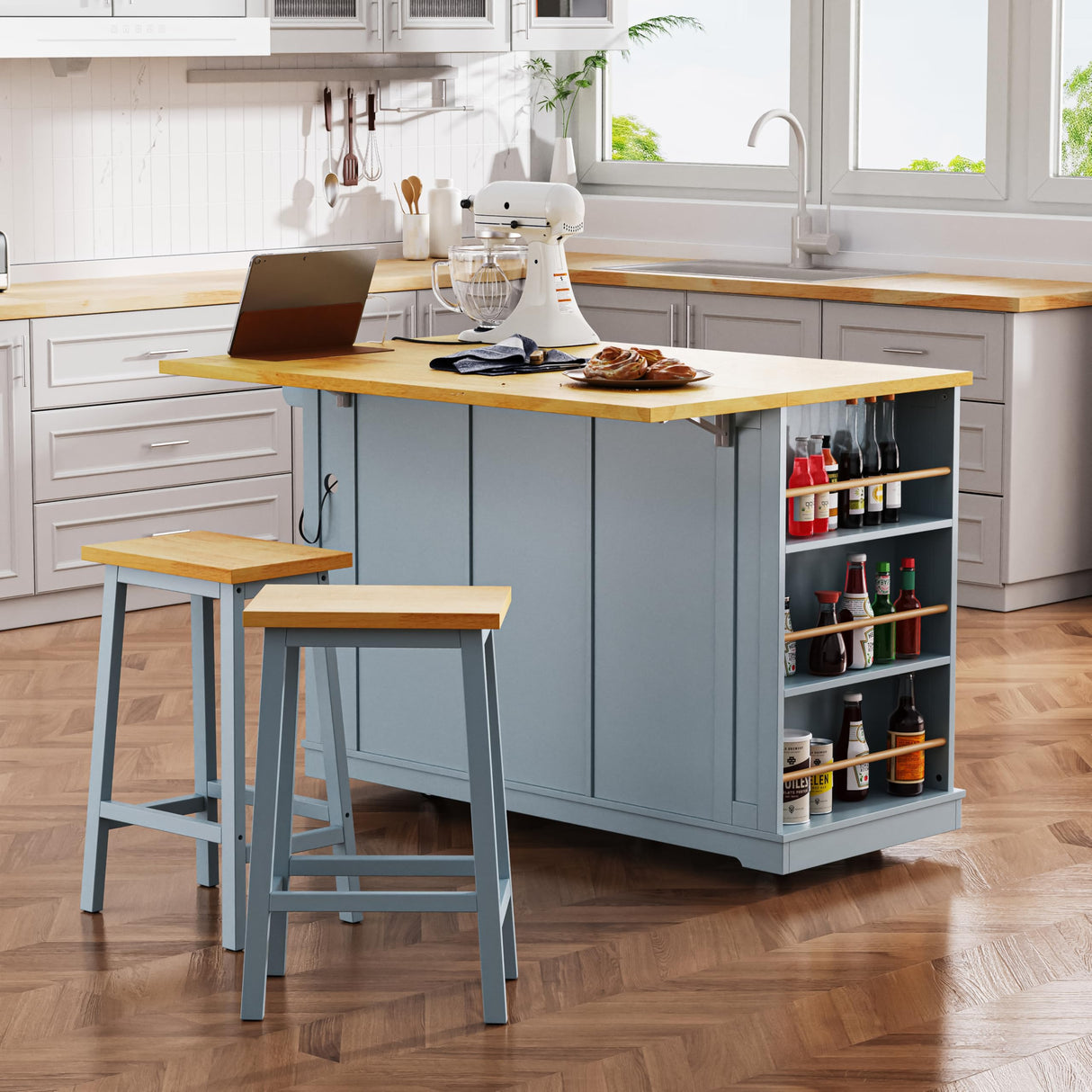 Yayzy Rolling Kitchen Island with 2 Bar Stools, Drop Leaf & Power Outlet, Large Kitchen Islands Cart on Wheels, Movable Island with 5 Open Shelves & Towel Rack for Dining Room, 53″, Grey Blue Yayzy