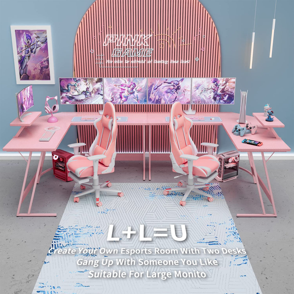 VICTONE L Shaped Gaming Desk, Corner Desk with Monitor Stand, Computer PC Table for Home Office Writing Studying Working, Space-Saving, Easy Assemble(Pink,51'') VICTONE