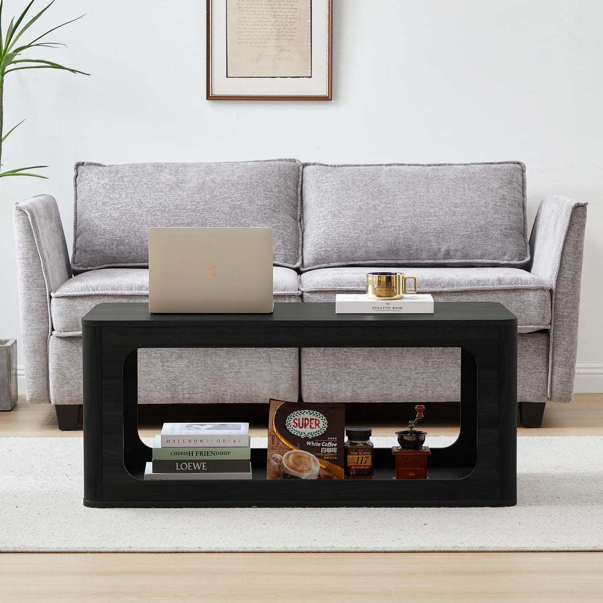 YUCHIATH Coffee Table for Living Room, Farmhouse Coffee Table with 2-Tier Storage, Accent Wood Coffee Table for Living Room (Black) YUCHIATH