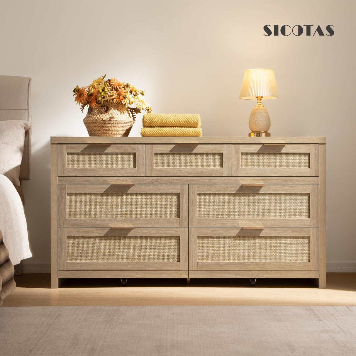 SICOTAS 7 Drawer Dresser for Bedroom, 57" Wide Rattan Dressers, Large Chest of Drawers for Bedroom, Dresser TV Stand, Boho Closet Organizer (Reclaimed Light Oak, 7 Drawers (1 pc)) SICOTAS