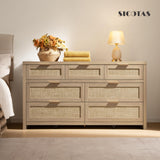 SICOTAS 7 Drawer Dresser for Bedroom, 57" Wide Rattan Dressers, Large Chest of Drawers for Bedroom, Dresser TV Stand, Boho Closet Organizer (Reclaimed Light Oak, 7 Drawers (1 pc)) SICOTAS