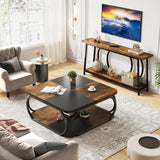 LITTLE TREE 40 inch Coffee Table with Storage Shelf, 2-Tier Low Square Coffee Table with Farmhouse Wood Tabletop Heavy Duty Metal Curved Frame for Living Room, Black Rustic Brown LITTLE TREE