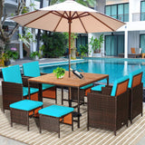 COSTWAY 9PCS Patio Rattan Dining Set Cushioned Chairs Ottoman Wood Table Top Turquoise COSTWAY