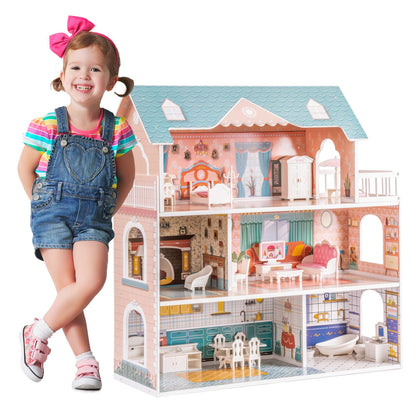 ROBOTIME Doll House Wooden Dollhouse for Kids 3 4 5 6 Years Old, Doll House w/28PCS Furniture Plastic, for 3.3”Dolls, Birthday Presents for Toddler 3+