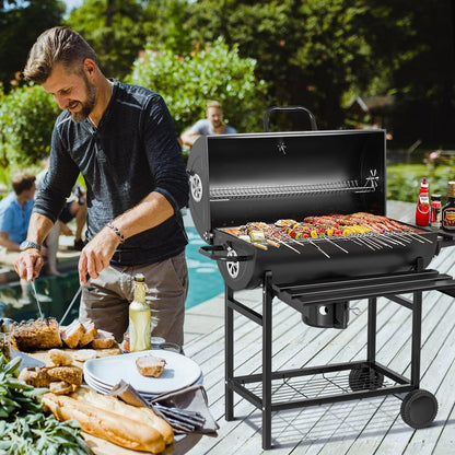 Flamaker Charcoal Grill Barrel style BBQ Charcoal Grills with Three Item Racks Thermometer Double-Layer Chrome-Plated Iron Baking Pan Ash Catcher for Camping Outdoor BBQ