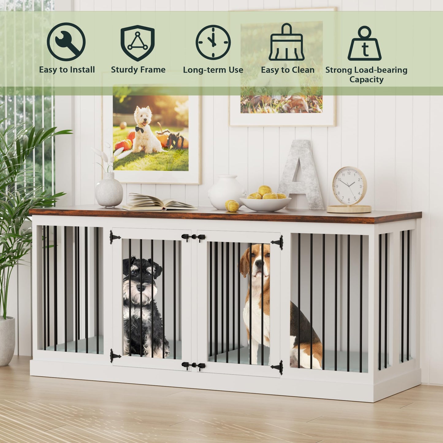 70.9 inch Double Dog Crate Furniture, Furniture Style Dog Crate Table, Wood Crates for Dogs Kennel Indoor with Removable Divider, XXL Heavy Duty Decorative Dog Crate Table for 2 Dogs (White)