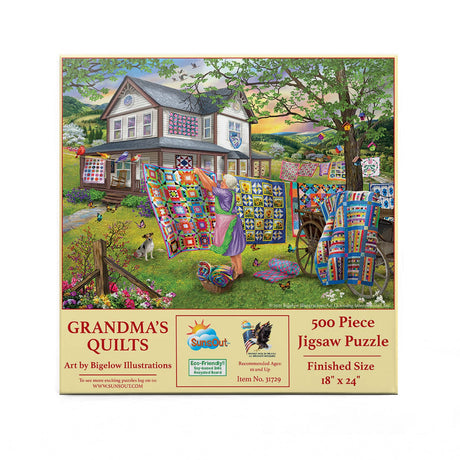 SUNSOUT INC - Grandma's Quilts - 500 pc Jigsaw Puzzle by Artist: Bigelow Illustrations - Finished Size 18" x 24" - MPN# 31729 SunsOut