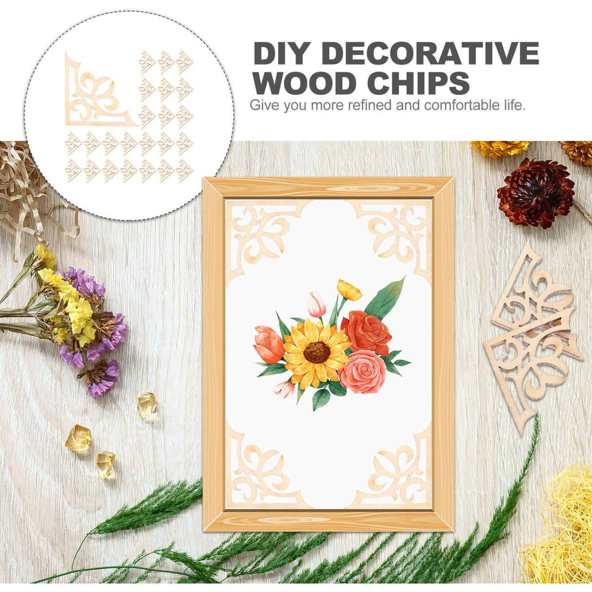 50pcs Solid Wood Carved Corner Onlay Furniture Home Decorations Unpainted Applique Amosfun
