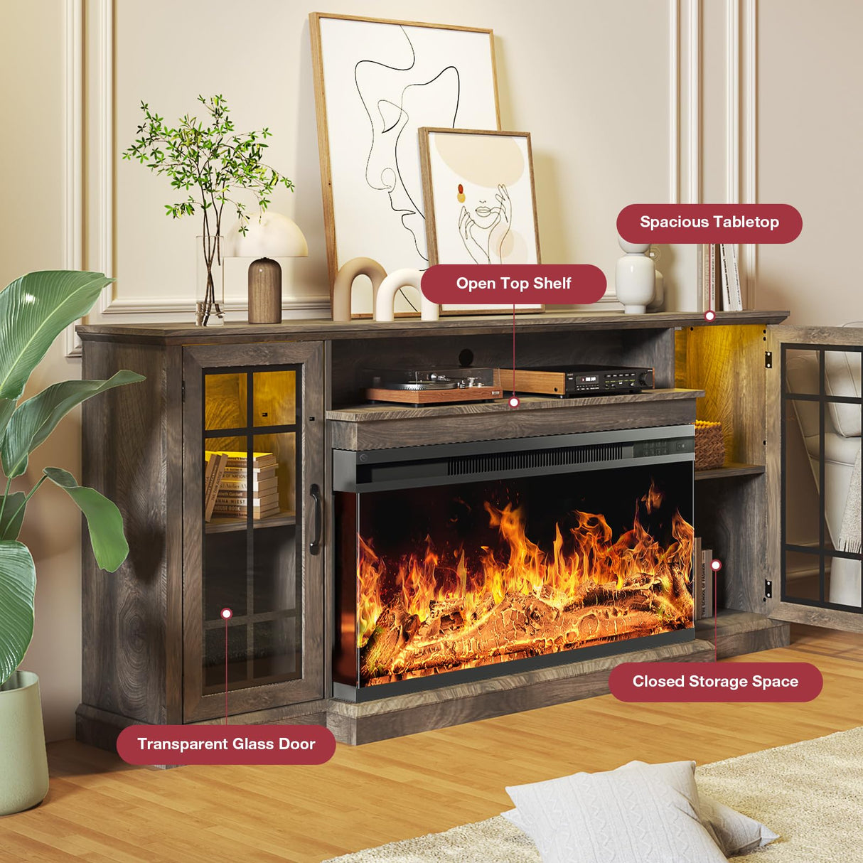 oneinmil 36 Inch 3-Sided Glass Fireplace TV Stand for TVs up to 80", Rustic Media Entertainment Center Console Table with Glass Door Closed Storage, Set of TV Table, Grey oneinmil