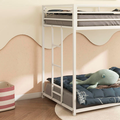 LifeSky White Metal Twin Over Twin Low Profile Bunk Bed with Side Ladder - WoodArtSupply