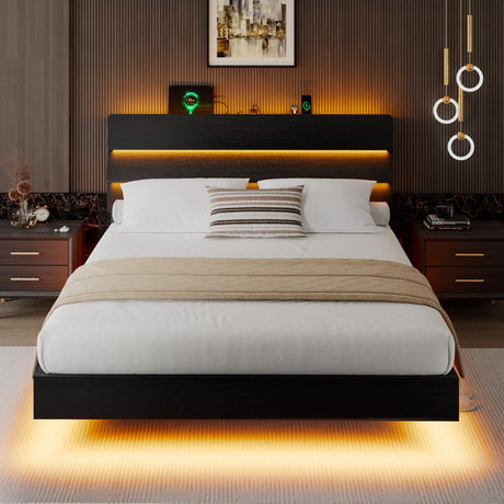 iPormis Queen Floating Bed Frame with LED Lights & Charging Station, Platform Bed with Wooden Storage Headboard, Steel Slats Support, No Box Spring Needed, Easy Assembly, Noise-Free, Black iPormis