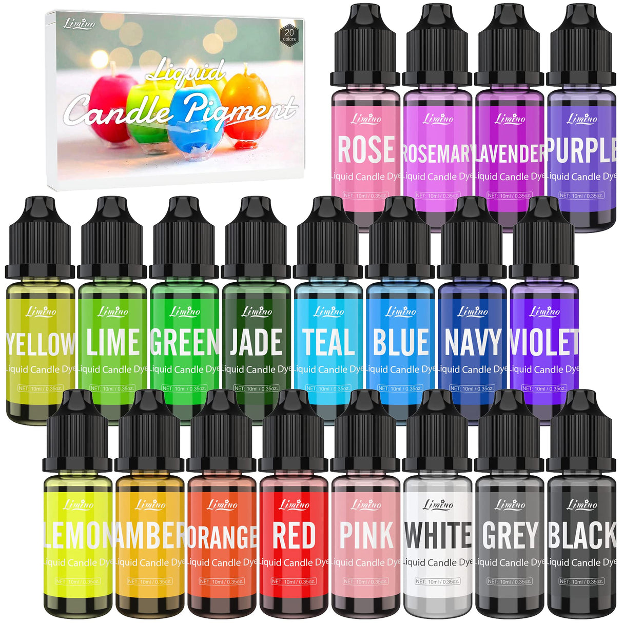 Candle Dye - 20 Color Liquid Wax Dye for DIY Making, High Concentration Color for Soy, Gel, Paraffin Wax - 10ml Each Limino