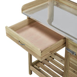 Topeakmart Garden Potting Bench Potting Table ACQ Lumber Wood Outdoor Work Station Work Bench Planting with Cabinet & Drawer & Top Shelf & Lower Shelf Light Green Topeakmart