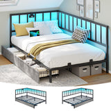 DICTAC Twin Size Corner Bed Frame with 2 Storage Drawers and Led Lights Metal Platform Bed Frame with Charging Station Modern Twin Daybed Frame for Living Room, Bedroom and Guest Room, Black&Gray DICTAC