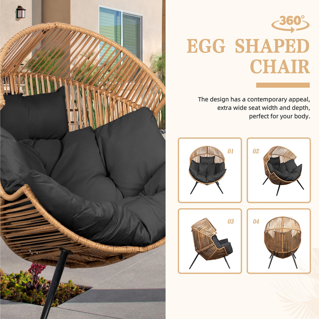 Vongrasig Wicker Egg Chair PE Rattan Chair with Cushion, Oversized Patio Lounge Chair for Outdoor, Indoor, Balcony, Backyard, Garden, Living Room, Black Vongrasig