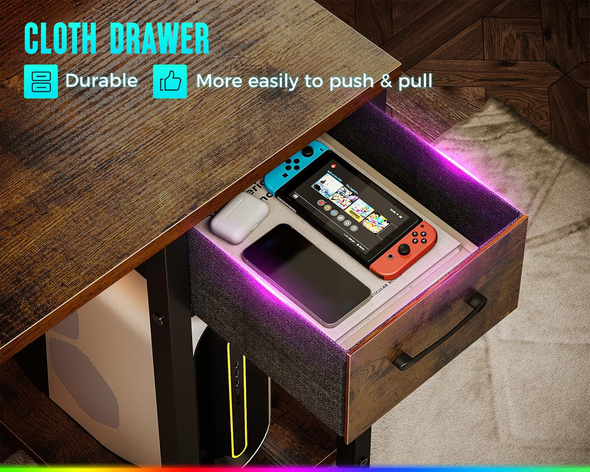 AODK Gaming Desk with LED Lights & Power Outlet, 40 Inch Small Computer Desk with Drawer, Reversible Desk with Adjustable Monitor Shelf & Headphone Hook for Home Office, Rustic Brown AODK